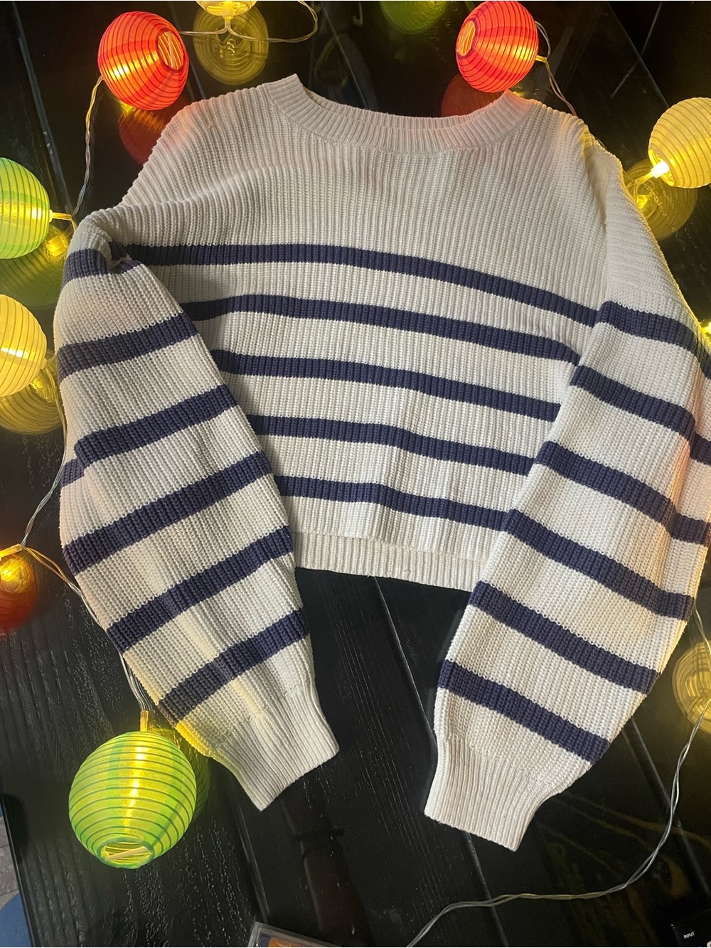 Hollister Cream Crewneck Sweater with Navy Stripes